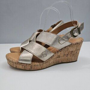 Born Sami Cork Wedge Sandal Womens 9 Light Gold Leather Metallic Comfort NEW